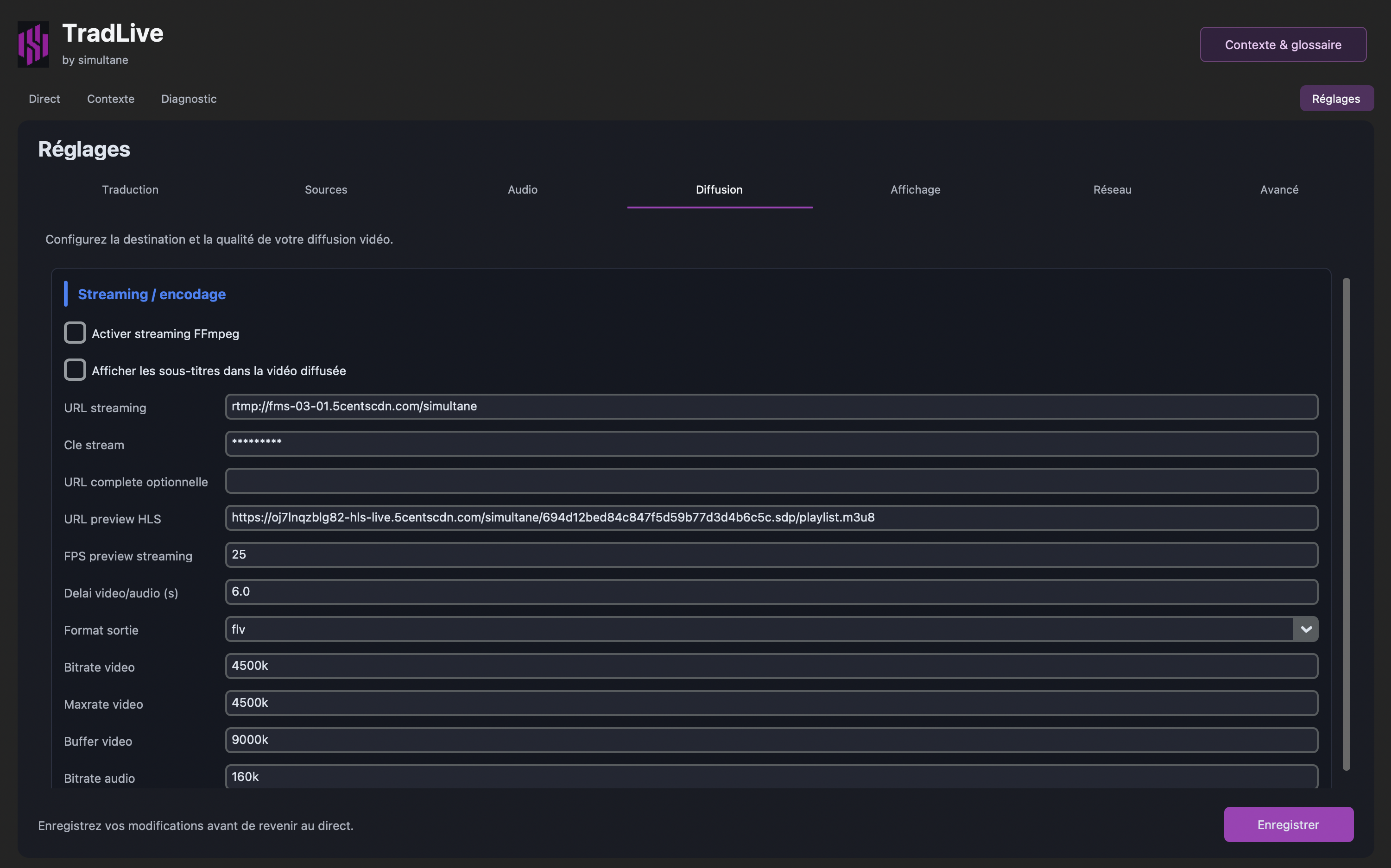 Réglages de diffusion dans l'interface TradLive