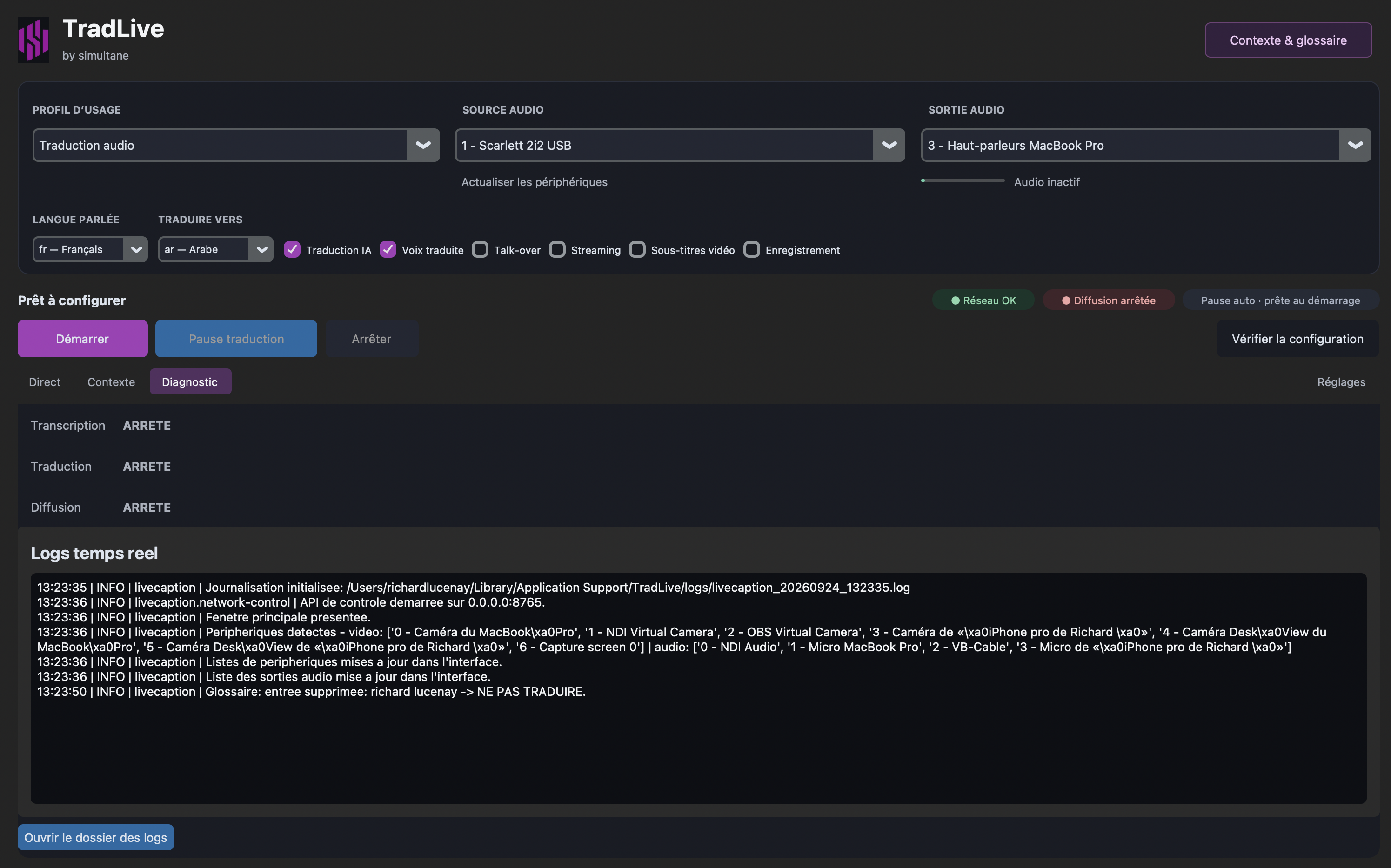 Interface TradLive de contrôle de la traduction simultanée