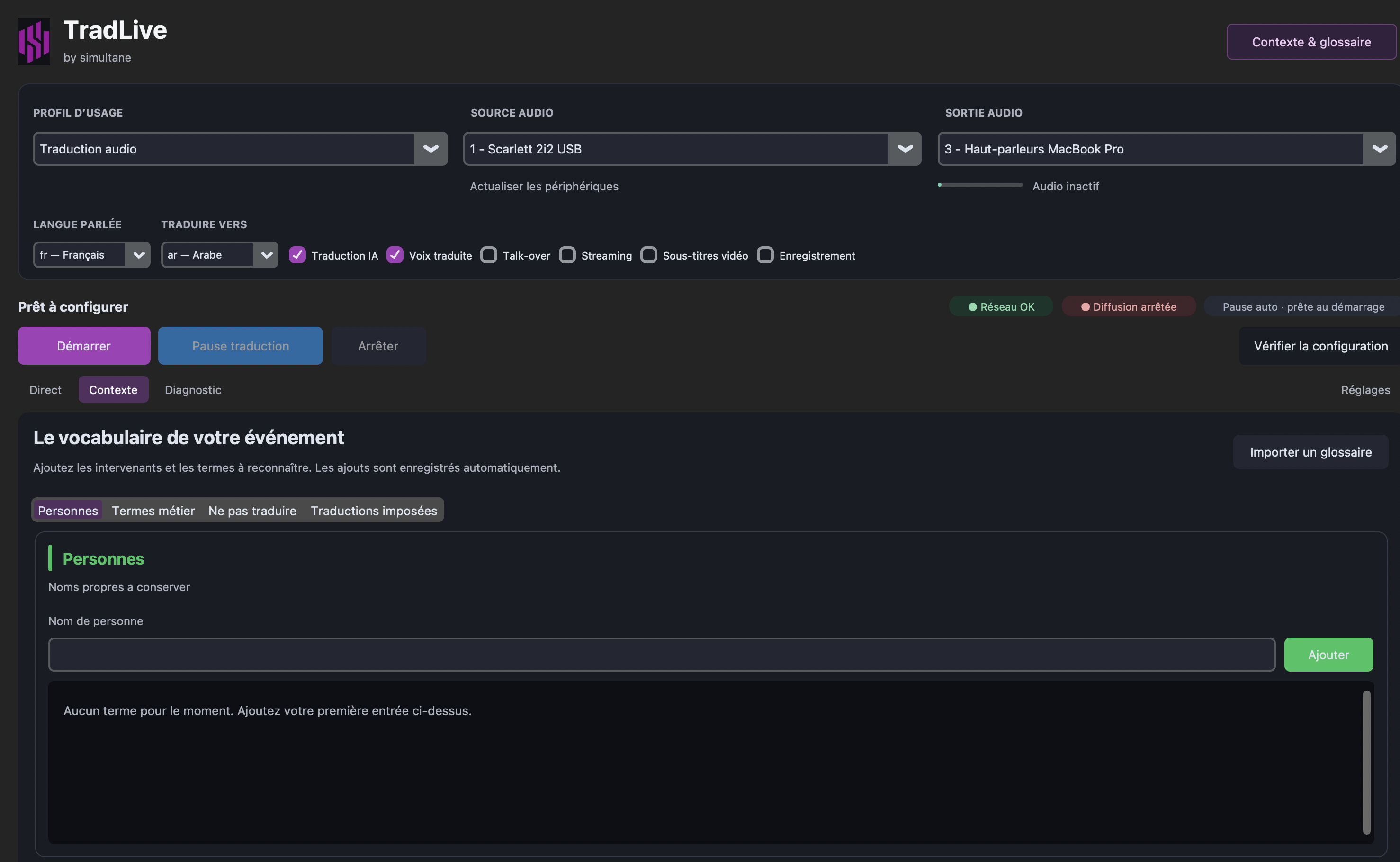 Gestion du contexte et du glossaire dans TradLive